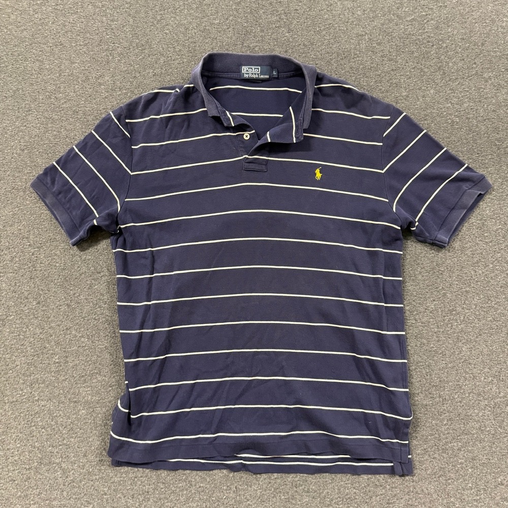 Vintage Polo Ralph Lauren Polo Shirt Mens L Blue Good Striped Short Sleeve